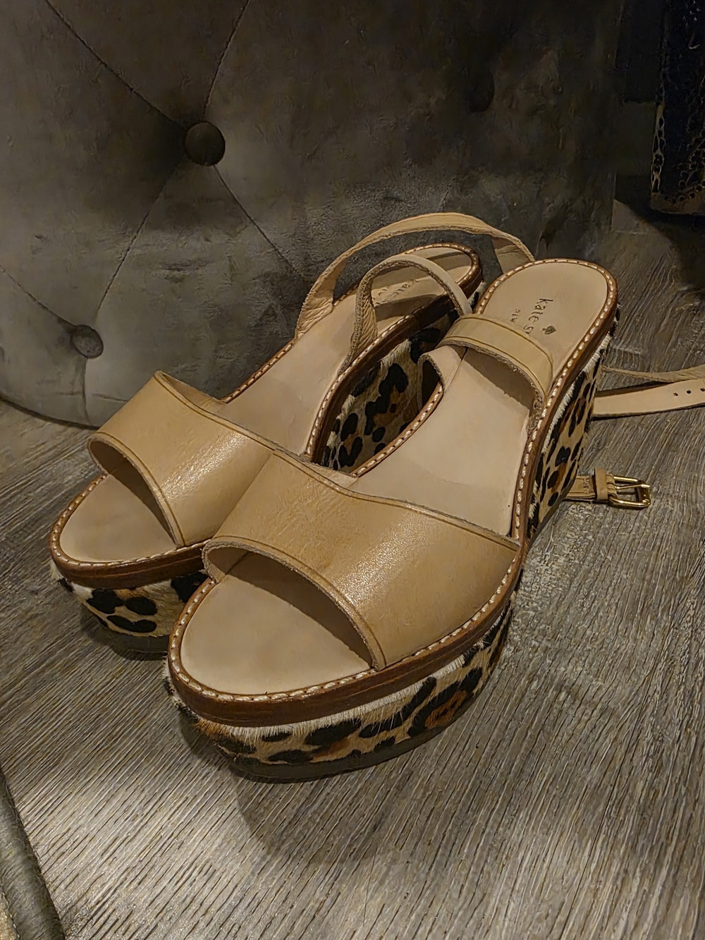 kate spade Tan Leather Wedge Sandals with Leopard-Print Platform